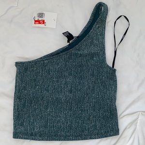 Forever 21 Knitted Emerald Sparkle One Shoulder Crop Top